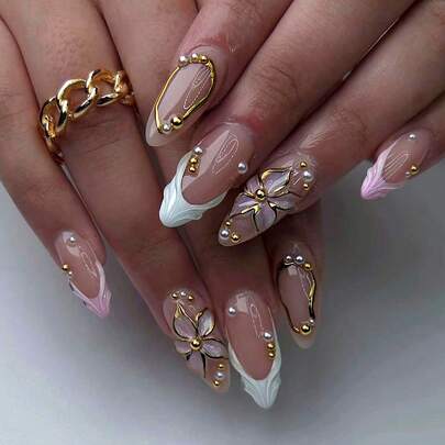 24pcs Almond-Shaped 3D Gel Floral Nail Stickers, Can Create Pearl Flower Nail Art, French Press-On Design, Almond-Shaped Nail Stickers Fit Perfectly, Acrylic Fake Nails Set Includes: 1pc Jelly Gel And 1pc Nail File, Suitable For Summer Nails And French Almond Nails, Suitable For Women's Daily Work, Festivals And Parties