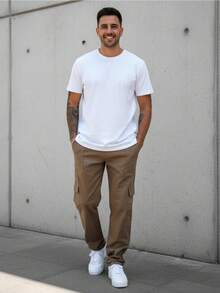Men's Light Brown Cargo Pants With Drawstring Waist And Slight Stretch, Unisex Long, Loose-Fitting Casual Streetwear Skate Pants. - Màu nâu  Mocha - Xem 6