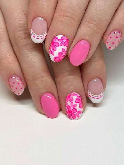 24pcs Round Press On Fake Nails Pink Short Nail Pink Flower And Polka Dot Fake Nails Women Spring Coffin Nails