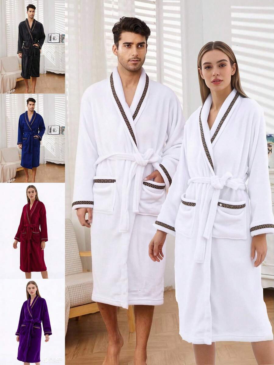 1件男女通用加绒浴袍，酒店品质，男女皆宜，加厚保暖长款浴袍，情侣休闲睡衣，送给女友的绝佳礼物，浴室毛巾，浴室装饰及配件 - 蕾絲浴袍-L碼 - 查看 1
