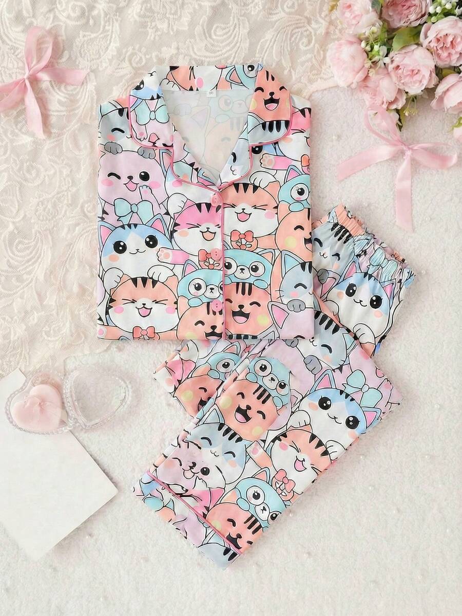 2pcs/Set Tween Girls Casual Cartoon Cat Print Lapel Long Sleeve Shirt And Pants Pajama Set, Flame Retardant, All Season - Multicolor - View 1