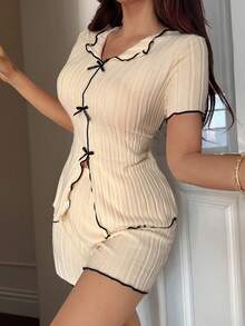 2pcs Women Bowknot V-Neck Long Sleeve Top And Flare Pants Ribbed Loungewear Set, Casual Sleepwear Suitable For Autumn/Winter - Apricot - View 6