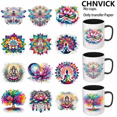 CHNVICK 12PCS/SET UV DTF Cup Wraps Style Self-Adhesive Sticker For Coffee Cups, Water Bottles, Home Decor, Laptops And Refrigerator DIY Crafts(Mug Not Included)