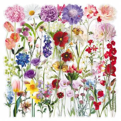 50PCS Transparent Flower Material Cartoon Aesthetic Graffiti Stickers DIY Handbooks, Skateboards, Guitars, Water Cups, Self Adhesive Festival Decoration Stickers Scrapbook Supplies Stationery Funny Stickers