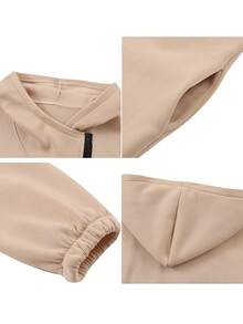 女士休闲优雅卫衣，纯色，带拉链和郁金香下摆，适合秋季穿着 - 卡其色 - 查看 8