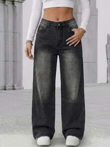 Versatile Y2K Styling Wash Wide Leg Jeans Women Stylish Denim Pants Everyday Must Have - Dark Grey - View 1