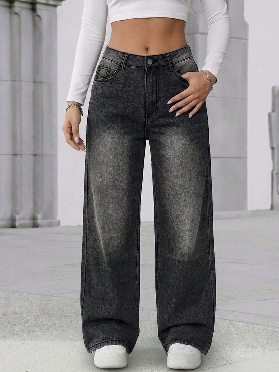 Versatile Y2K Styling Wash Wide Leg Jeans Women Stylish Denim Pants Everyday Must Have - Dark Grey - View 1