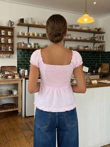 Women's Summer Sweetheart Neck Tops Short Sleeve Solid Color/Striped  Ruched T-Shirt - 粉色 - 查看 6