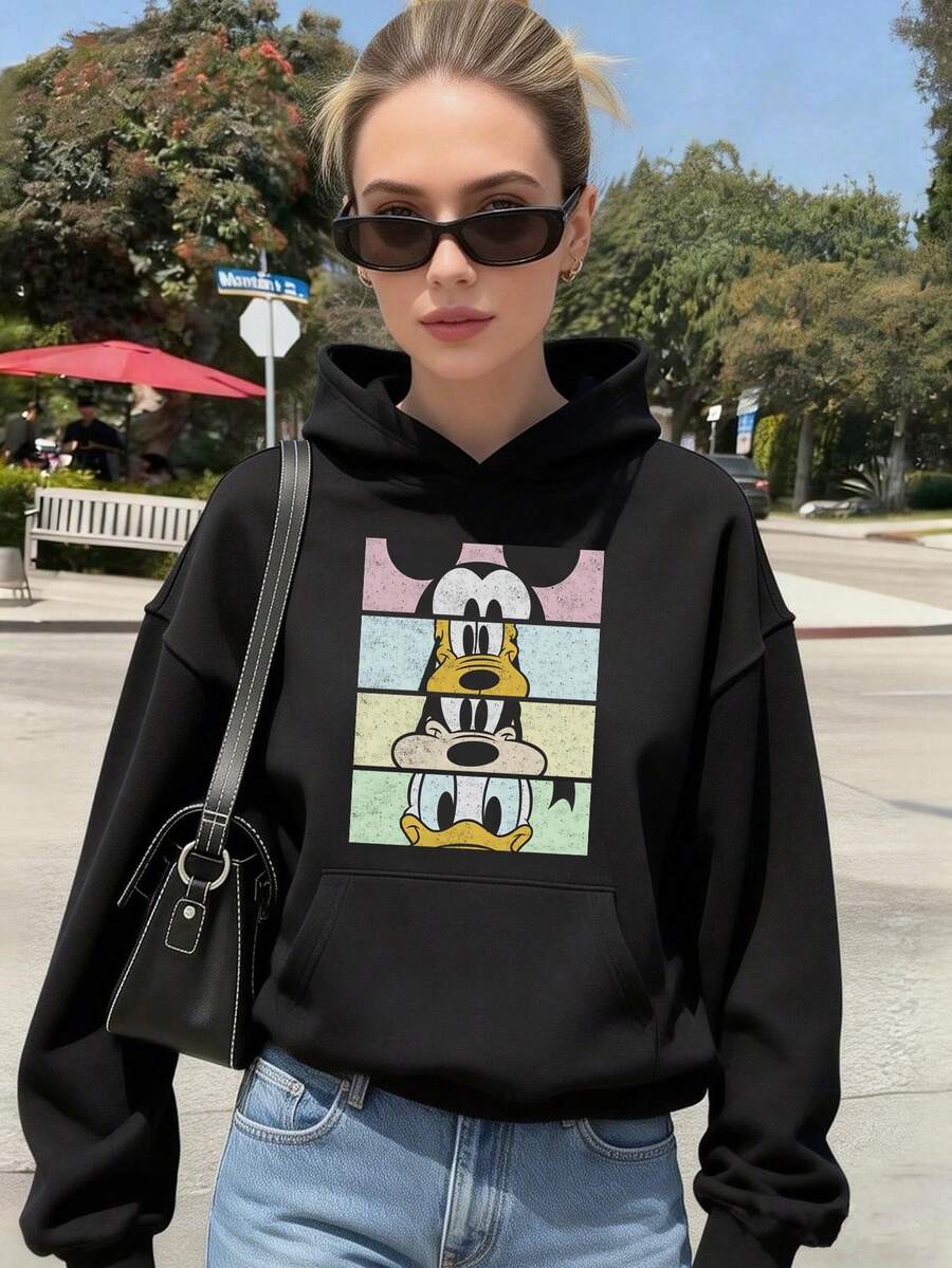Disney Women's Hooded Sweatshirt Features A Creative Mickey Mouse And Friends Cartoon Print Design Autumn/Winter Hooded Sweatshirt Soft, Comfortable, And Warm Fabric An Essential Piece For Autumn/Winter Outfits Perfect For Everyday Casual Wear, Travel, Or Shopping Also Makes An Ideal Gift - Black - View 1