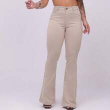 Calça Jeans Feminina Flare Pantalona Bege Jeans Premium Cos Alto Empina Bumbum  Boca de Sino Com Elastano - BEGE - Visão 4