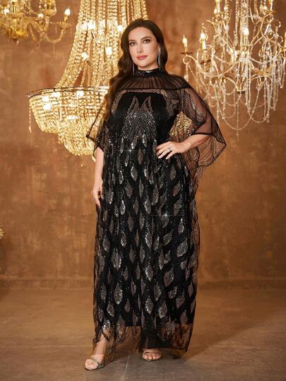  SUPGIR Plus Size Women Round Neck Long Sleeve Sequin Patchwork Satin Elegant Evening Dress