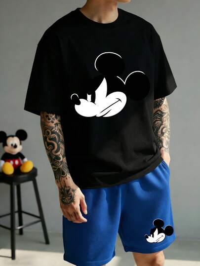 Disney 2 piezas Conjunto de ropa de estar informal estampada para hombres, con top de cuello redondo y pantalones cortos, adecuado para primavera/verano