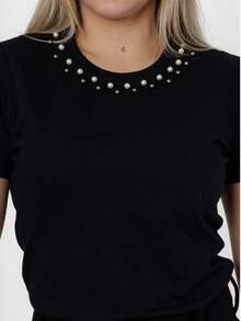 Cotton T-Shirt Blouse With Application Of Various Pearls - Various Colors - 黑色 - 查看 1