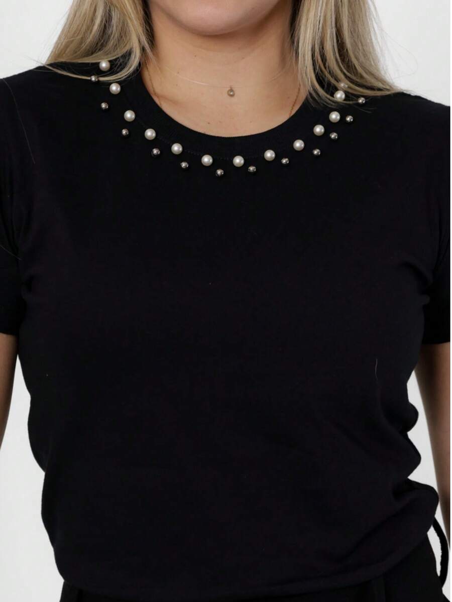 Cotton T-Shirt Blouse With Application Of Various Pearls - Various Colors - 黑色 - 查看 1