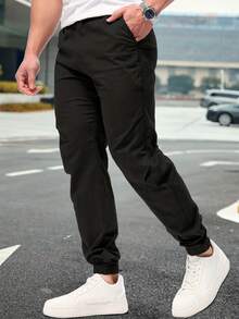 Shendy Vendy Pantalones Jogger Con Puños Y Cintura Elástica Con Cordón Y Bolsillos Inclinados Sueltos Para Hombre - Blanco y Negro - Ver 3