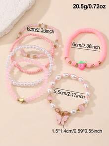 Set de 6 pulseras de moda con cuentas de perlas falsas, moños, corazones, fresas y mariposas, regalo para niñas - Multicolor - Ver 10