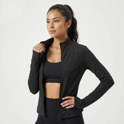 Women's Solid Color Stand Collar Activewear Jacket, Lightweight Full-Zip Yoga Jacket Suitable For Outdoor Running, Slim-Fit Design With Thumb Hole, Suitable For Indoor/Outdoor Sports - Gym Workout