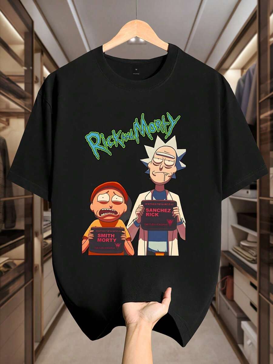 Warner Bros Las camisetas de manga corta de Rick y Morty son perfectas para primavera, verano y otoño. Su cómodo cuello redondo y su tela suave las hacen ideales para relajarse en casa, hacer ejercicio, actividades al aire libre, ropa informal y para el día a día. - Negro - Ver 1