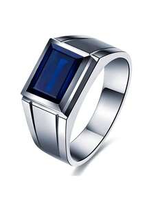 1枚男士时尚奢华个性化蓝色锆石戒指，婚礼订婚派对珠宝礼物 - 銀色 - 查看 10