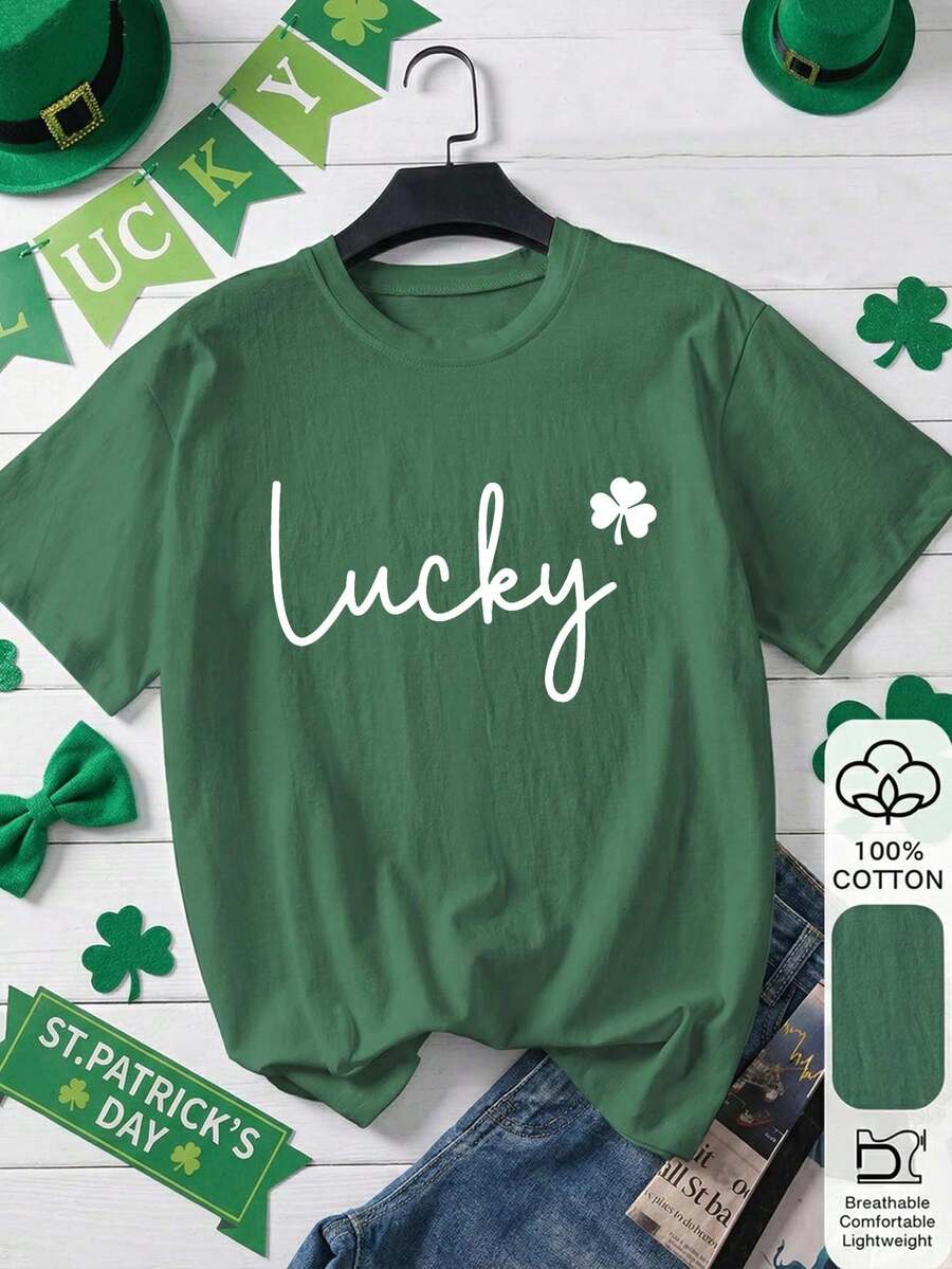 Camiseta de verano casual de 100% algodón con estampado de letra afortunada de San Patricio para mujer, camiseta gráfica, tela suave, ropa de algodón, parte superior para exteriores, estampado impreso, camiseta de verano, camiseta de mujer, parte superior, blusa de verano, atuendo de vacaciones, estilo de viaje, vibra de playa, ropa minimalista para días festivos