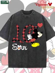 Disney Mickey And Minnie Love Soul Mate Couple Vintage Washed T-Shirts180g Washed Cotton Mickey And Minnie Flower Bouquet Loose Short-Sleeved Couple's Outfit - 黑色 2 - 查看 2