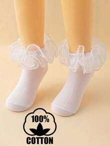1双棉质女童珍珠蕾丝边舞蹈袜，优雅公主风短袜，适合派对穿着 - 白色 - 查看 5