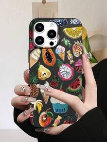 Beaded Sweets & Fruit Print Phone Case, 2D Pattern, Classic New Elegant Style, Sweet & Playful, Black Matte Soft Shell, Dustproof & Waterproof, Suitable Compatible With Iphone17/16/15/14/13/12/11/Pro/ProMax/X/XR/XS/XSMAX/7/8/PLUS/Air/Se2/3, Great Gift For Friends, Family, Couples, Birthdays, Holidays - Black - View 2
