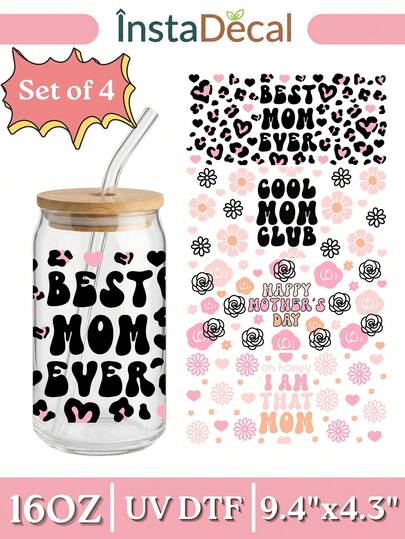 4件套妈妈UV DTF杯套，适用于16盎司Libbey玻璃罐，尺寸为9.4英寸x4.3英寸，玻璃热转印贴纸，3D水晶妈妈生活标签，无需加热防水DIY贴纸，适合母亲节礼物