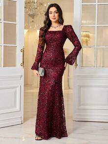Sequin Embellished Square Neck Long Sleeve Fitted Bodycon Party Dress, Elegant & Glamorous - Burgundy - View 2