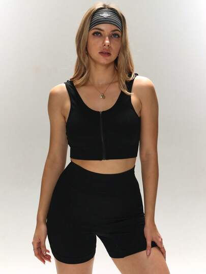 1 Set Spring/Summer New Camisole Set, 2-In-1 With Cup Holder, Zipper Design, Casual Layering Or Outerwear, Slim Fit, Waist Cinching, Butt Lifting, Versatile Yoga/Casual Outfit