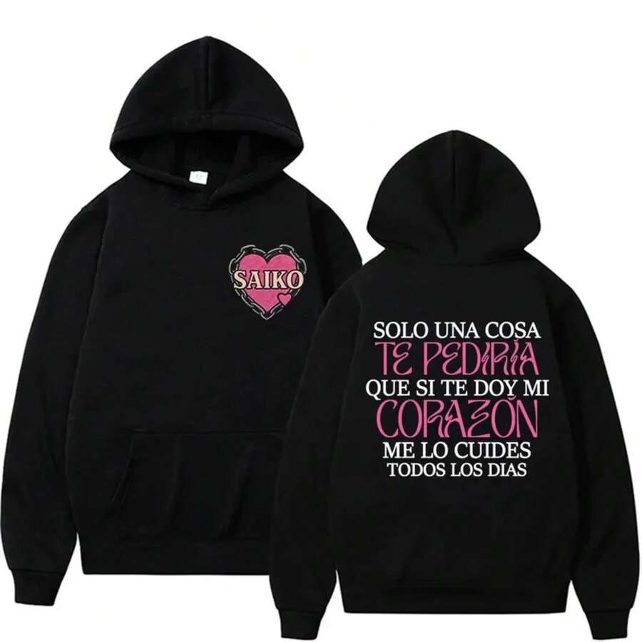 Rapper SAIKO Corazón Album Letters Print Sweatshirts Men Women Harajuku Hip Hop Hoodies Loose Casual Oversized Hoodie Streetwear - Black - View 1