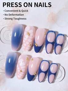 24片杏仁形3D凝胶美甲贴纸，打造花卉美甲，法式粘贴设计，珍珠点缀，完美适配亚克力甲片，包含：1片果冻凝胶和1个指甲锉，豹纹和盛开美甲图案，适合女性日常工作、节日和派对场合。 - 藍色 - 查看 3