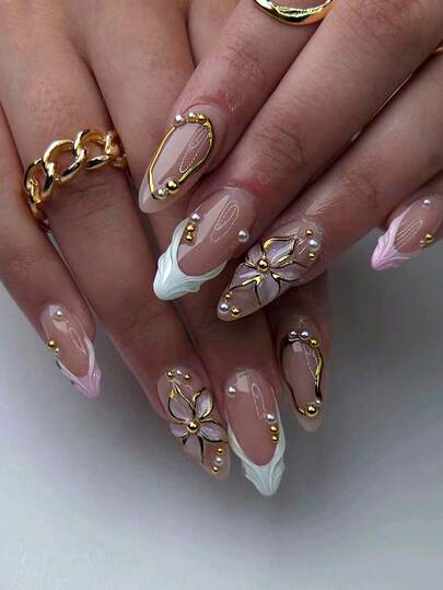 24pcs Almond-Shaped 3D Gel Floral Nail Stickers, Can Create Pearl Flower Nail Art, French Press-On Design, Almond-Shaped Nail Stickers Fit Perfectly, Acrylic Fake Nails Set Includes: 1pc Jelly Gel And 1pc Nail File, Suitable For Summer Nails And French Almond Nails, Suitable For Women's Daily Work, Festivals And Parties