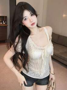 Áo crop top tay ngắn ren móc nhẹ mới ôm vừa vặn dành cho nữ, mùa xuân/hè - Màu be - Xem 6