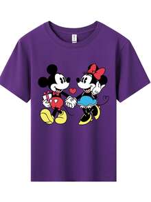 Disney Mickey And Minnie Mouse Holding Hands With Heart Printed Pattern T-Shirts For Girls - Children's Clothing Design Short-Sleeved Casual And Cute Style Comfortable And Casual Wear All Year Round Suitable For Parties And Play Machine Washable Gift Children's Clothing Girls' Short-Sleeved Shirts - Purple - View 2