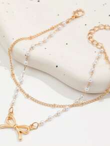 A Single Piece Of Double-Layer Iron Chain Pendant, Faux Pearl, Handmade Chain Anklet, A Double-Layer Thin Faux Pearl Chain Anklet With A Bow, Sexy And Elegant, Perfect For Vacation And Everyday Wear - Multicolor - View 3