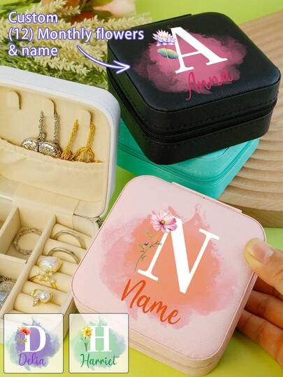 Personalized Jewelry Box-With Birth Flower, Custom Name Travel Jewelry Box, Customized Letters Jewelry Boxes For Women, Men Jewelry Box, Jewelry Box Organizer, Customizable Valentine'S Day, Travel, Convenient, Birthday Gifts, Couples, Family, Mom