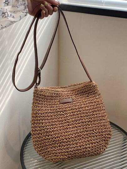 1pc Minimalist Casual Straw Shoulder Bag For Women, Portable Crossbody Bag Suitable For Beach, Travel, Holiday Gift Giving