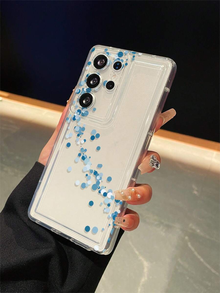 1pc Blue Polka Dot Pattern, Airbag Transparent Anti-Drop Phone Protective Case, TPU Material Suitable As Holiday Gift, Fit Compatible With Samsung Phones, Unisex - Clear - View 1