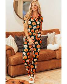 Orange Halloween Pattern Short Sleeve Shirt Pajama Set Women Sleepwear - Orange - View 12