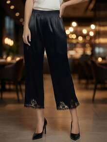 Women Satin Silk Lace Trim Pants Elastic Waist Y2k Wide Leg Lounge Pajama Bottoms Causal Going Out Trousers - 黑色 - 查看 6