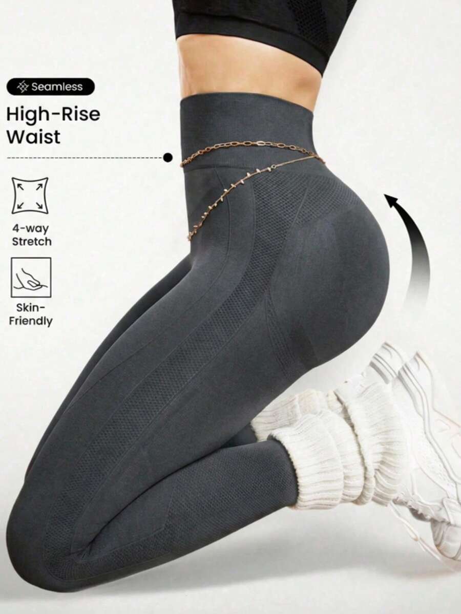 无缝罗纹针织瑜伽紧身裤，收腹，透气速干，宽腰带，健身紧身裤，氨纶紧身裤，女士紧身裤，提臀塑形紧身裤 - 深灰色 - 查看 1