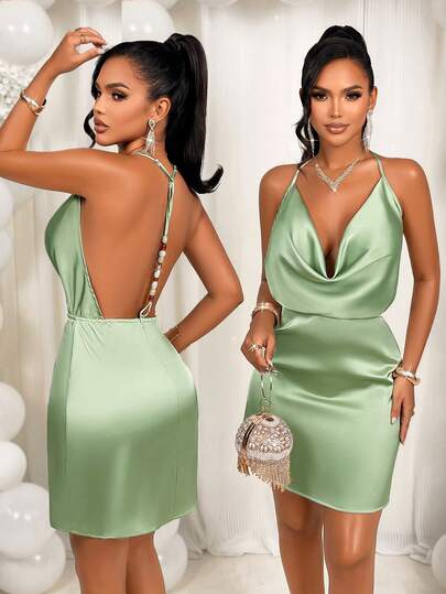 AIJ Amarilo Women's Short Satin Mini Dress, Sexy Plunging V-Neck Design, Sleeveless Off-Shoulder Backless With Chain Decor, Suitable For Vacation, Party, Wedding And Banquet