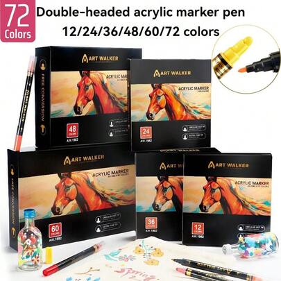 72色丙烯马克笔，双头设计，适用于绘画和着色，细头和毛笔头适用于任何表面，是创意项目的理想之选，速干防水美术用品，适合返校季和送礼。