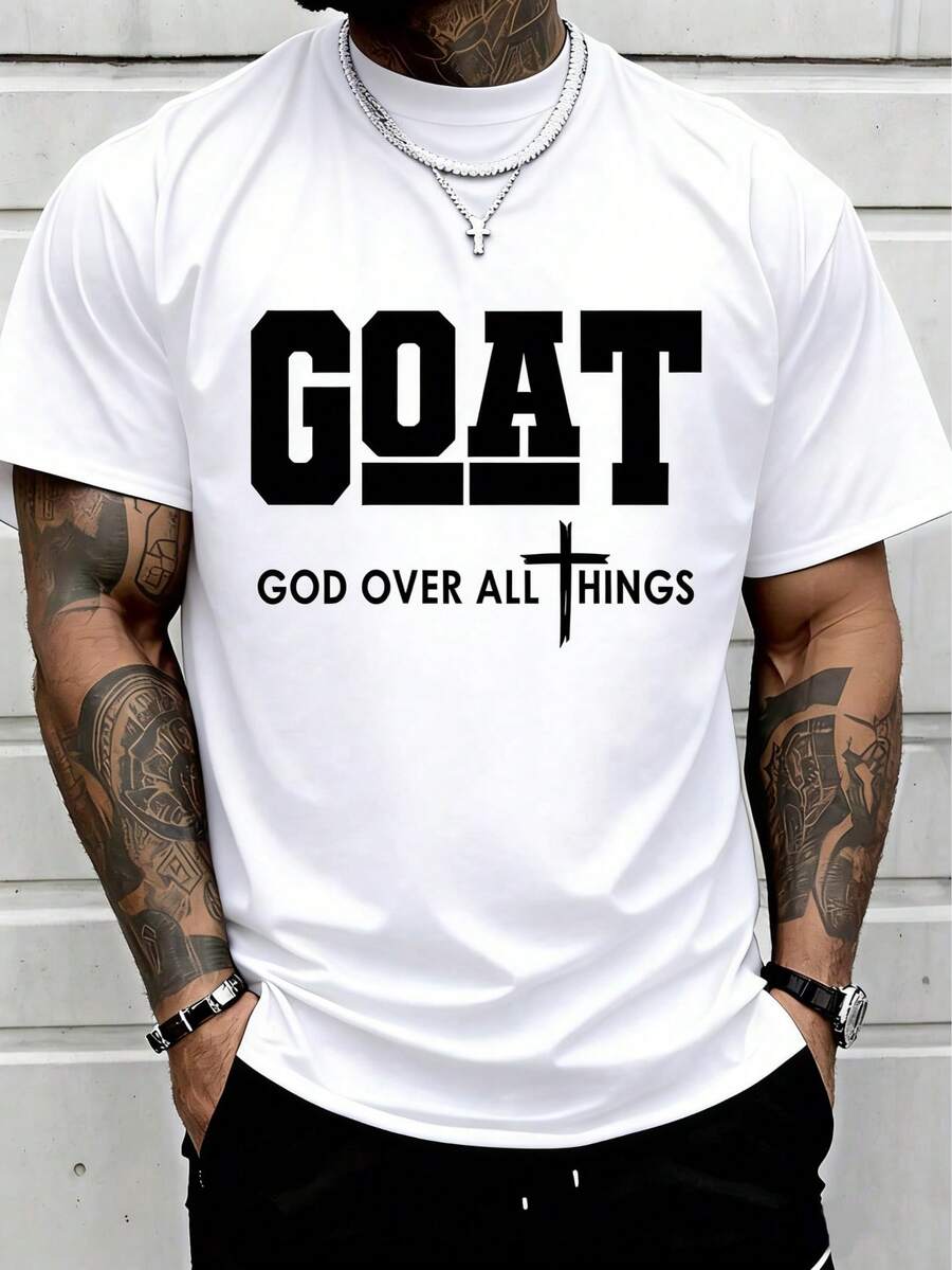 100% Cotton Goat God Over All Things Funny Jesus Christian Printed T-Shirt, Short-Sleeved Crew Neck Casual Top, Suitable For All Seasons, Men's Wear - 白色 - 查看 1