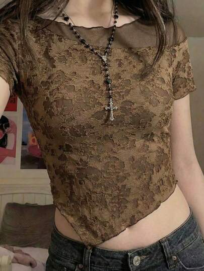 2026 Spring Summer Women's Elegant Brown Lace Mesh Patchwork Short Sleeve T-Shirt Crop Top Asymmetrical Hem Y2K Chic Casual Vacation