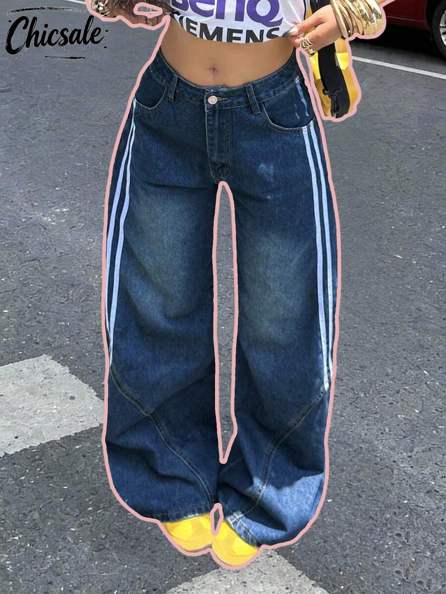 Straight-Leg Jeans With Curved Waist Design And Two Side Stripes Casual Spring - Medium Wash - View 1