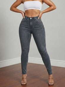 Women High Waist Black Skinny Jeans Stretchy Slim Fit Ankle Length Denim Pants - Grey - View 3