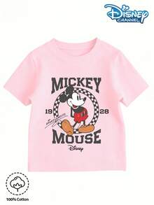 Camiseta Disney para niña con estampado retro de Mickey "MICKEY MOUSE 1928", estilo casual, clásica, ideal para viajes escolares de verano, cuello redondo y manga corta. - Rosa Pálido - Ver 2