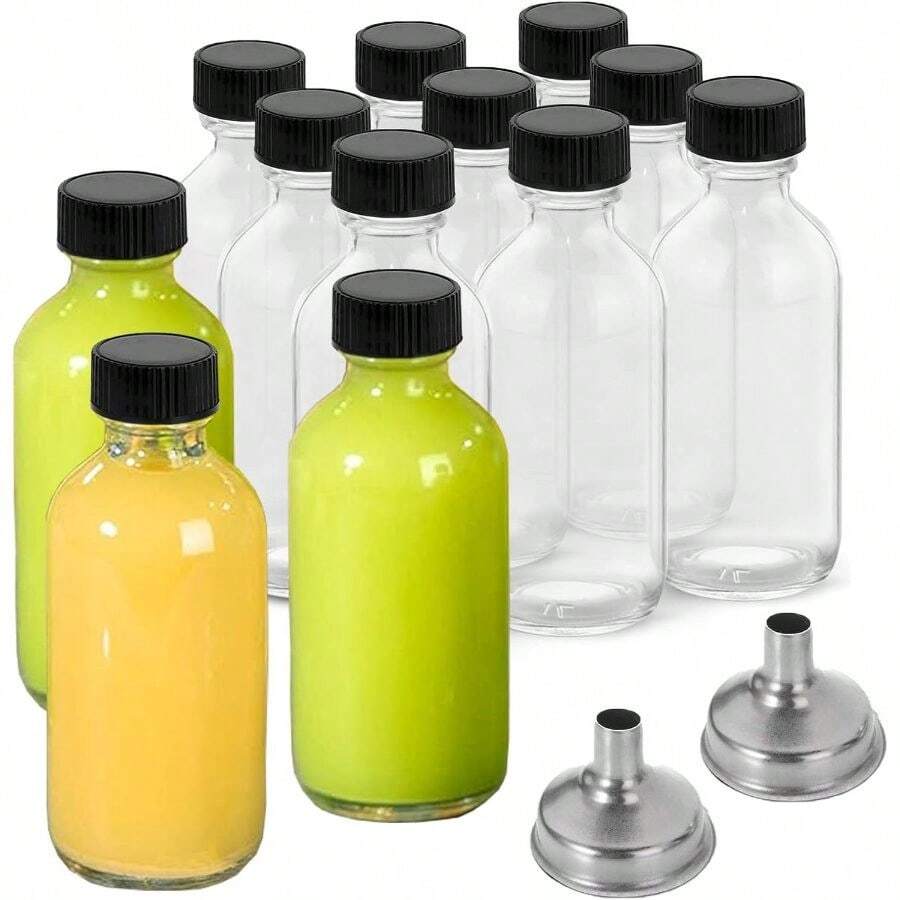 12 Pack 2 Oz Small Clear Glass Bottles With Lids 2 Funnels - 60ml Boston Round Sample Bottles For Potion, Juice, Ginger Shots, Oils, Whiskey, Wellness Shots, Mini Travel Bottles - Màu trắng + Gói 12 cái - Xem 1